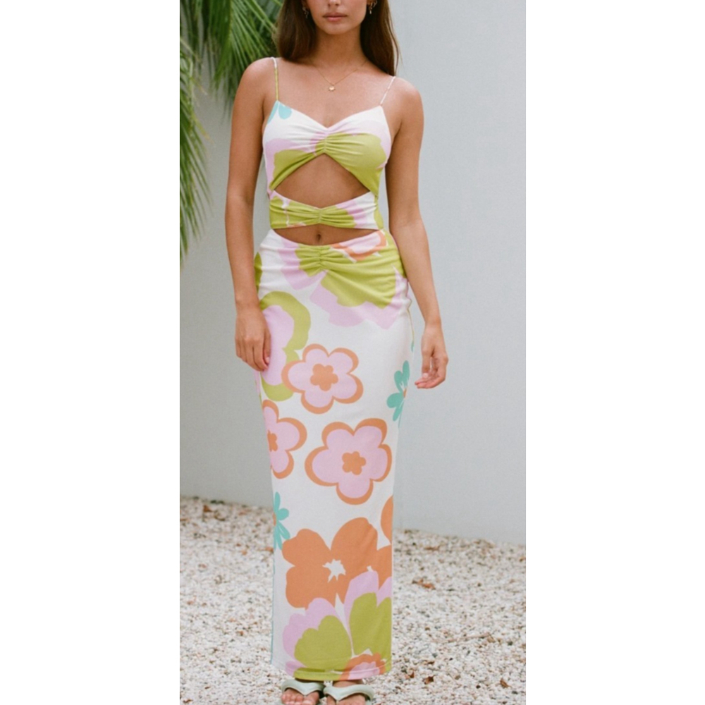 Sabo Dress Size Large (8) Cut-Out Strappy Back Floral Maxi Cayli Bubblegum